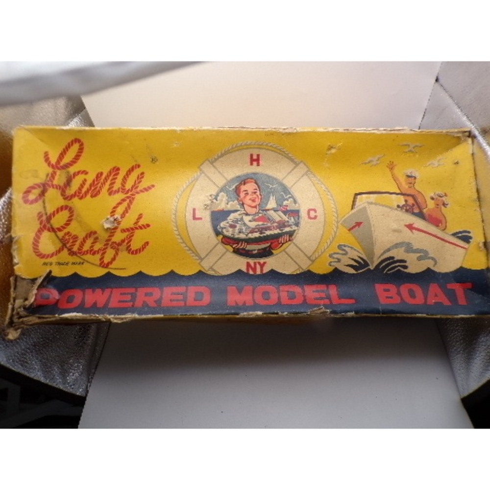 Vintage Lang Craft Powered Model Boat‎ Unsinkable Wooden Deck Speedboat with Box